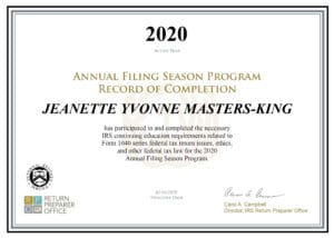 Jeanette Yvonne Masters-King Internal Revenue Service Certificate